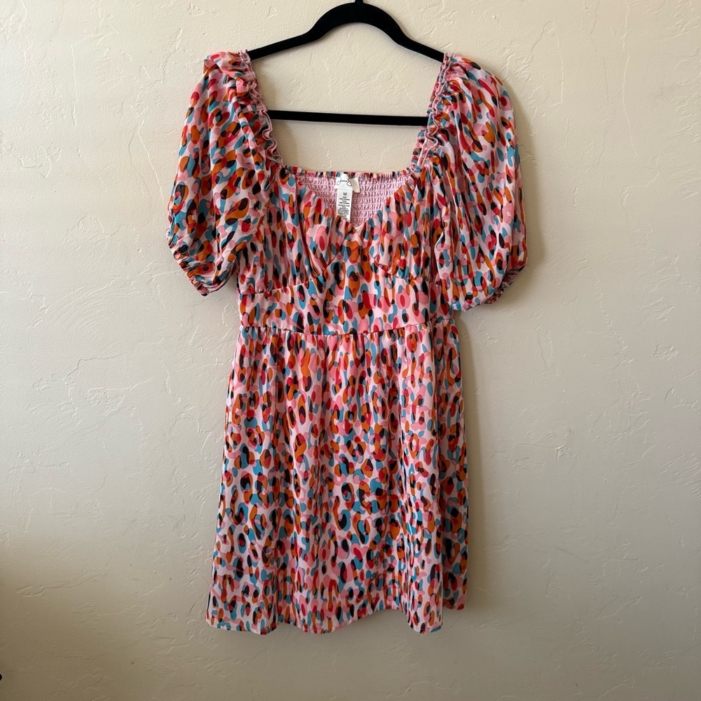 Jessica Simpson Abstract Leopard Print Puff Sleeve Mini Dress Size Medium - Picture 2 of 7